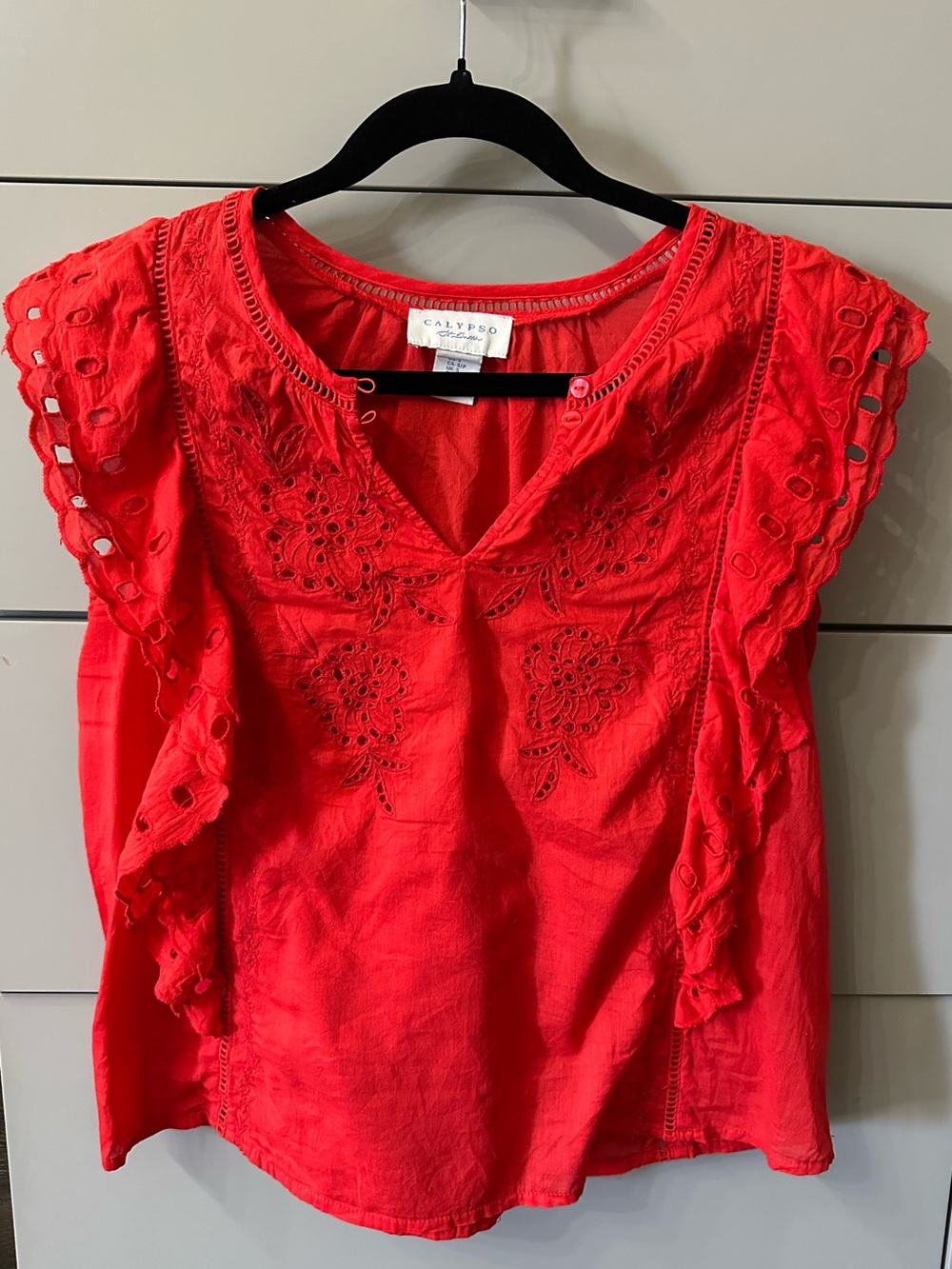 Calypso St. Barth 100% cotton Red Embroidered Flutter Sleeve Top Size Small